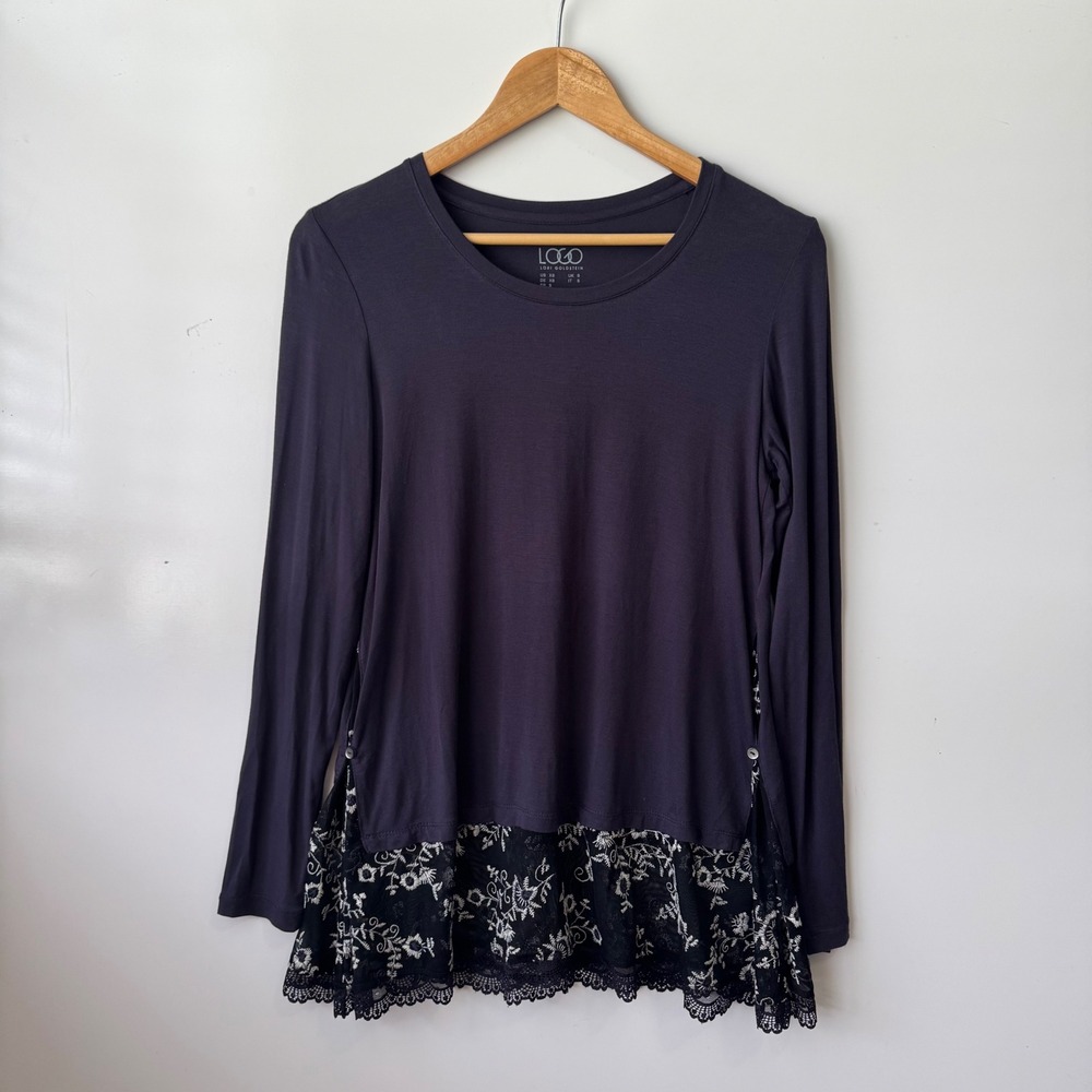 LOGO Lori Goldstein Tunic Top Long Sleeve Lace Trim Button Detail‎ XS